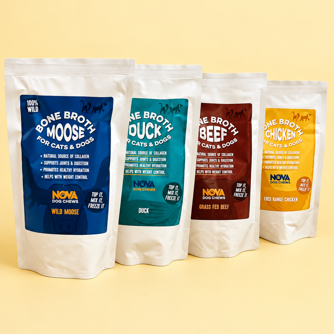 Four stand-up pouches of Nova Bone Broth wet cat food for cats and dogs, arranged in a row on a pale yellow background. The pouches are white with large colored label panels in blue, teal, brown, and orange, labeled Wild Moose, Duck, Grass Fed Beef, and Grass Fed Chicken respectively.
