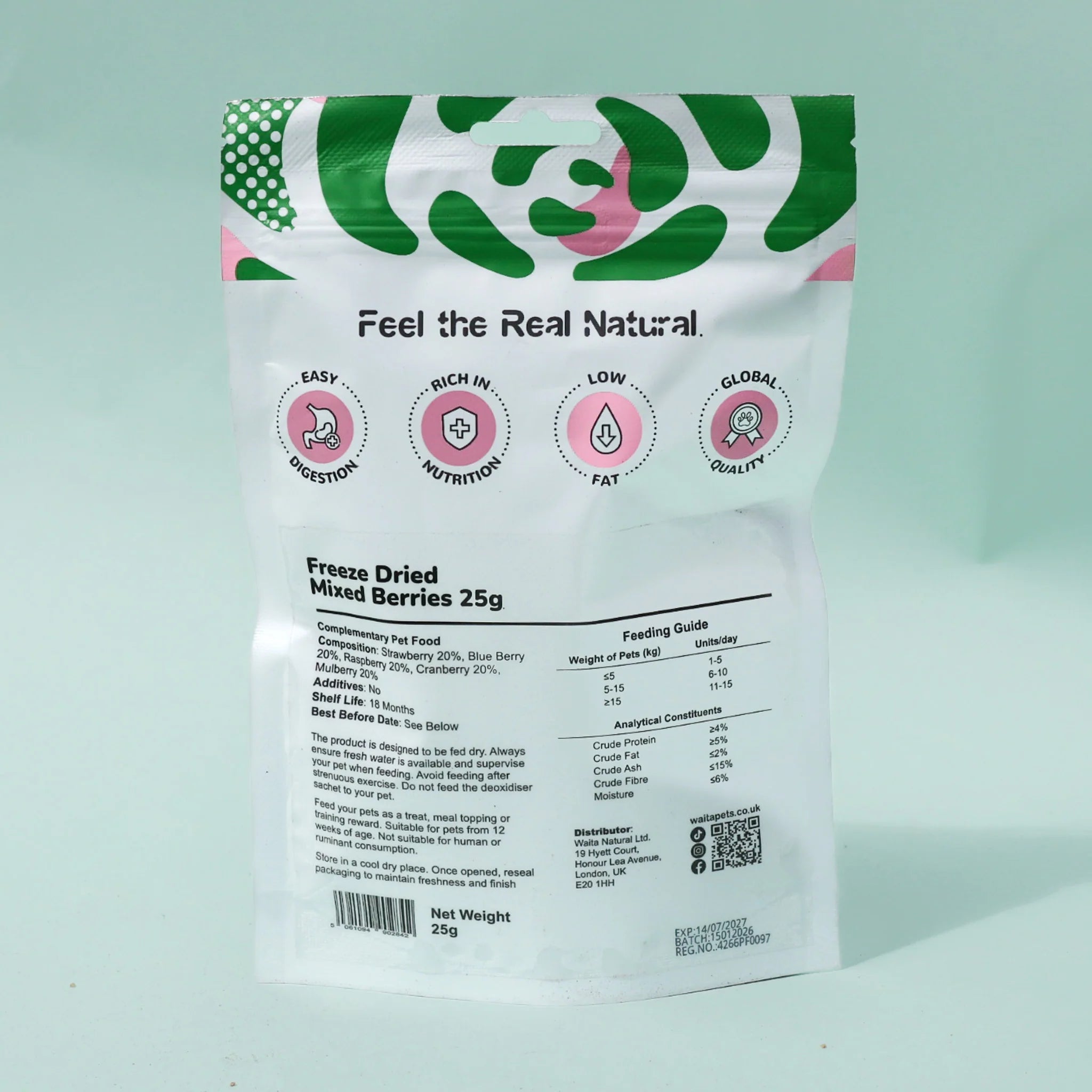 Package of freeze-dried mixed berries with branding and nutritional information on a light green background