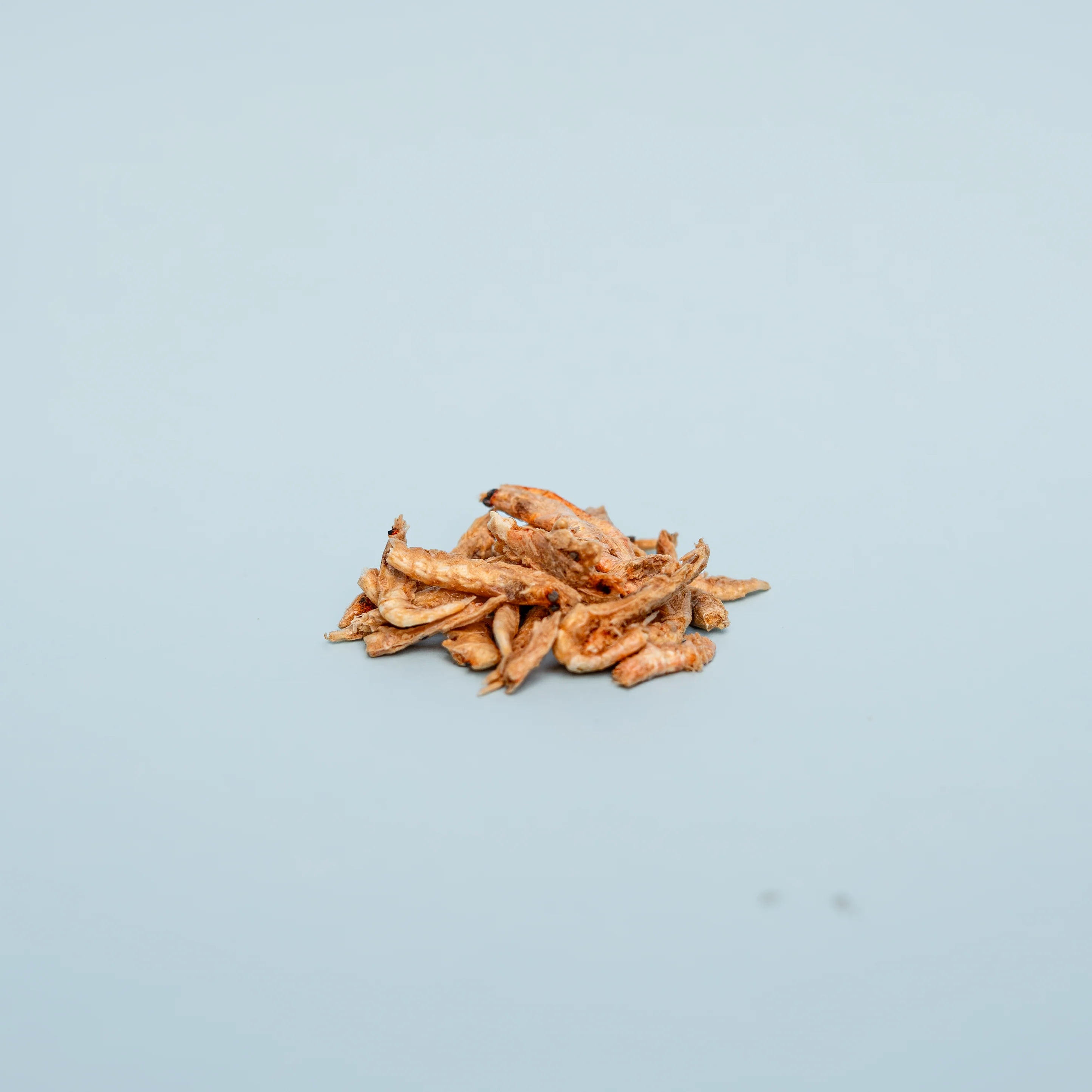 Pile of dried shrimp on a light blue background