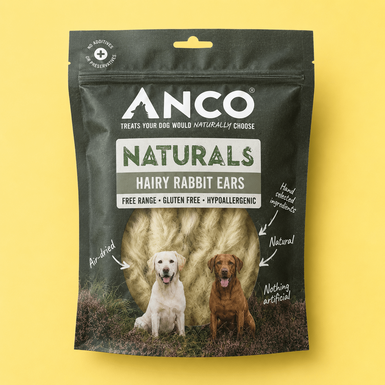 Anco Naturals Hairy Rabbit Ears 100g natural dog treat UK