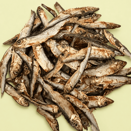 A pile of dried small fish, arranged on a solid pale yellow-green background.
