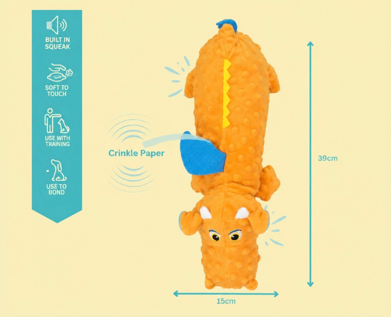 Plush Crinkle & Squeak Dragon Dog Toy natural dog treat UK