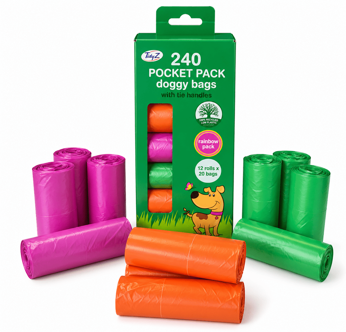 TidyZ Rainbow Dog Poo Bags with Tie Handles – 240 Pack natural dog treat UK