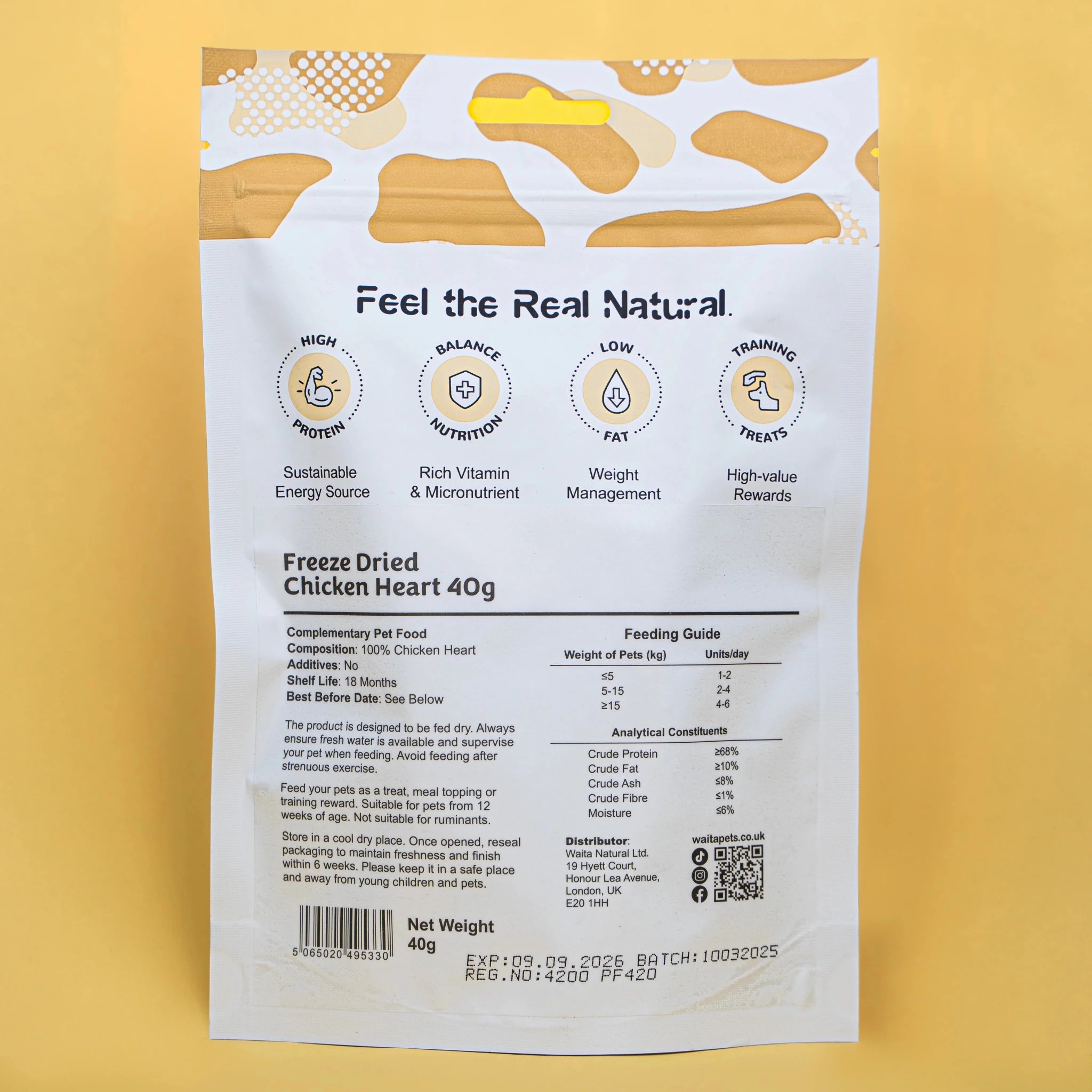 Waita Freeze Dried Chicken Heart 40g natural dog treat UK