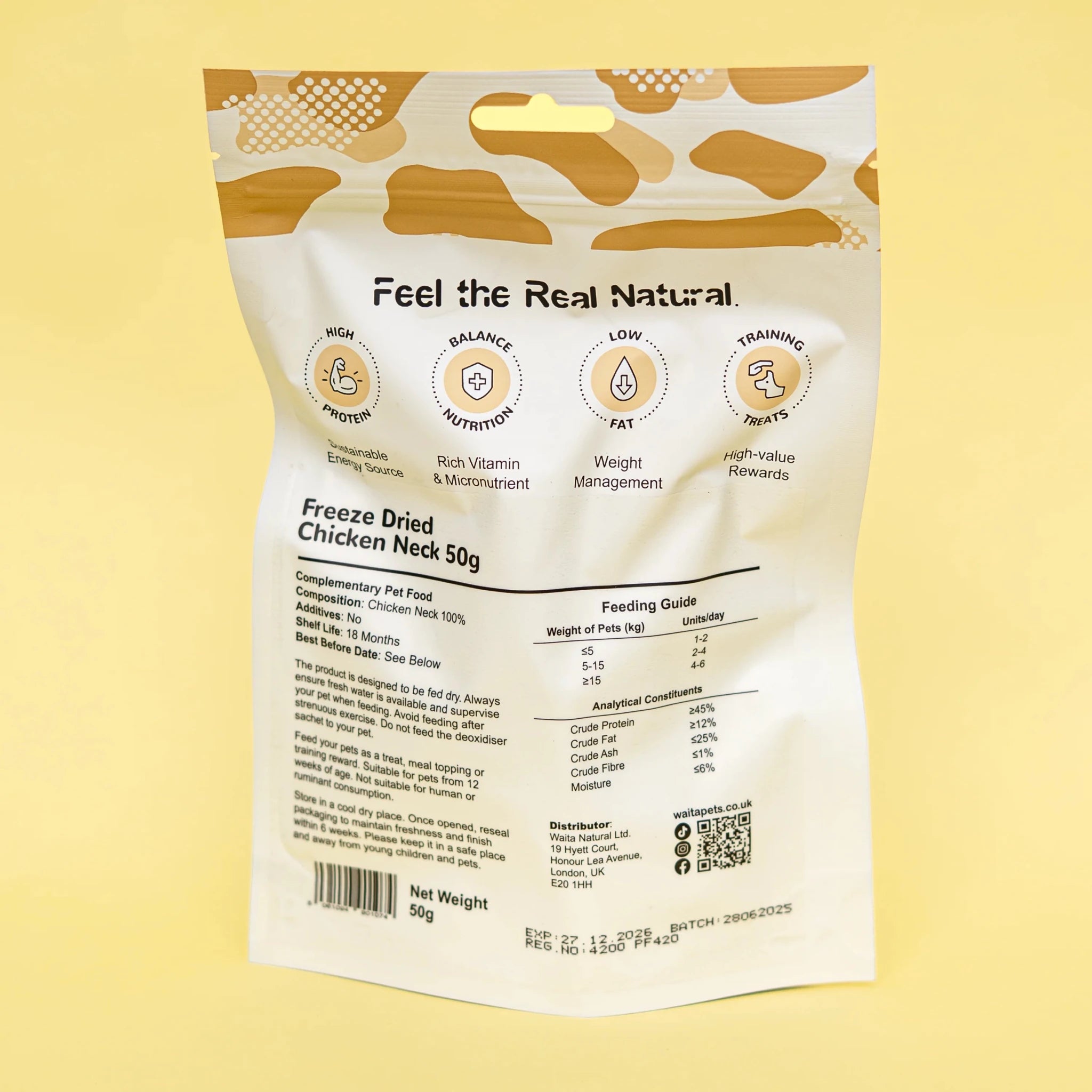 Waita Freeze Dried Chicken Neck 50g natural dog treat UK